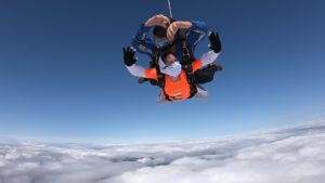 Two skydivers falling from blue sky